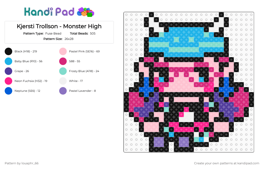 Kjersti Trollson - Monster High - Fuse Bead Pattern by louaphr_66 on Kandi Pad - kjersti, kjertsi trollson, light blue, monster high, perler, pink, troll