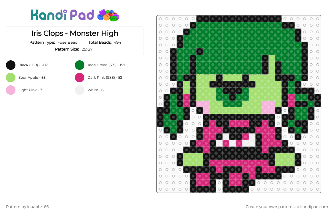 Iris Clops - Monster High - Fuse Bead Pattern by louaphr_66 on Kandi Pad - green,perler,monster high,cyclops,iris clops,iris