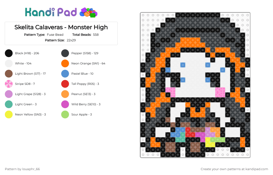 Skelita Calaveras - Monster High - Fuse Bead Pattern by louaphr_66 on Kandi Pad - black, monster high, orange, perler, skeleton, skelita, skelita calaveras, tan, white
