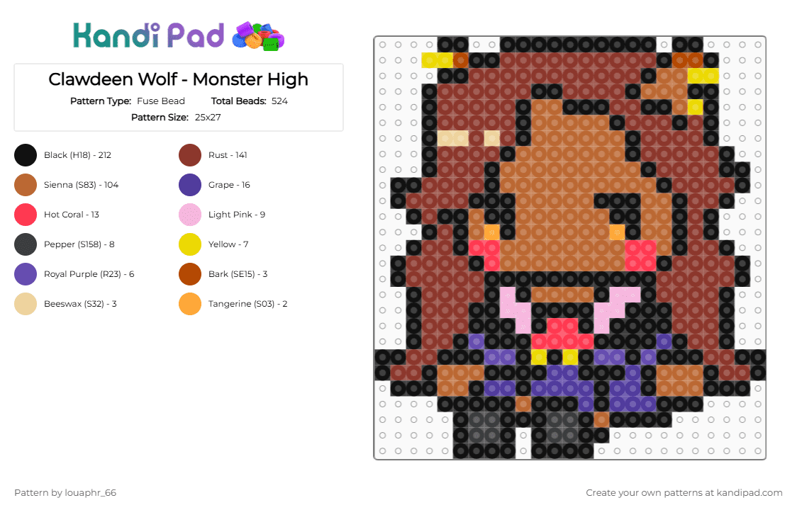 Clawdeen Wolf - Monster High - Fuse Bead Pattern by louaphr_66 on Kandi Pad - black,red,tan,monster high,clawdeen wolf,clawdeen,perler,werewolf