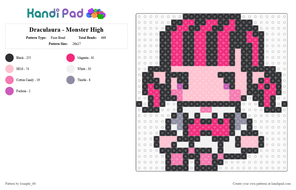 Draculaura - Monster High - Fuse Bead Pattern by louaphr_66 on Kandi Pad - black,pink,draculaura,monster high,vampire
