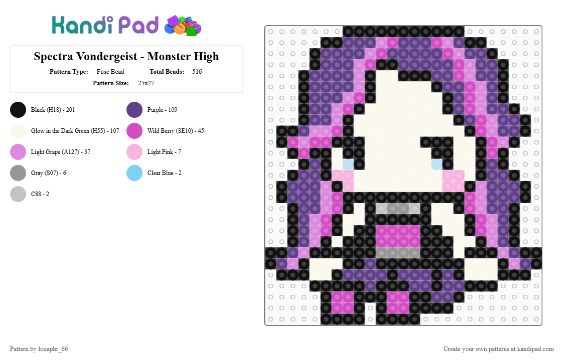 Spectra Vondergeist - Monster High - Fuse Bead Pattern by louaphr_66 on Kandi Pad - purple,pink,perler,monster high,spectra vondergeist,spectra,ghost