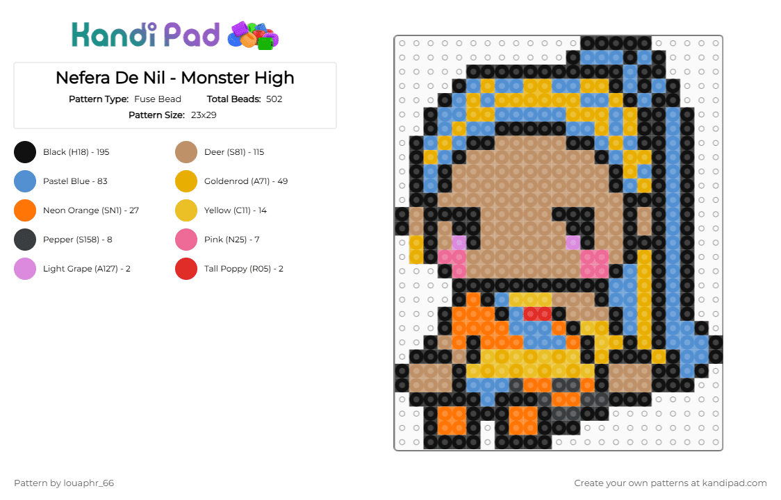 Nefera De Nil - Monster High - Fuse Bead Pattern by louaphr_66 on Kandi Pad - light blue, monster high, mummy, nefera, nefera de nil, orange, perler, tan