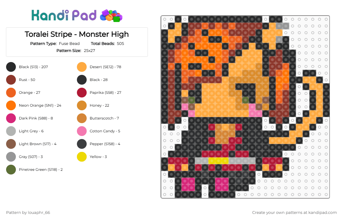Toralei Stripe - Monster High - Fuse Bead Pattern by louaphr_66 on Kandi Pad - black,orange,red,toralei,toralei stripe,monster high,perler,werecat