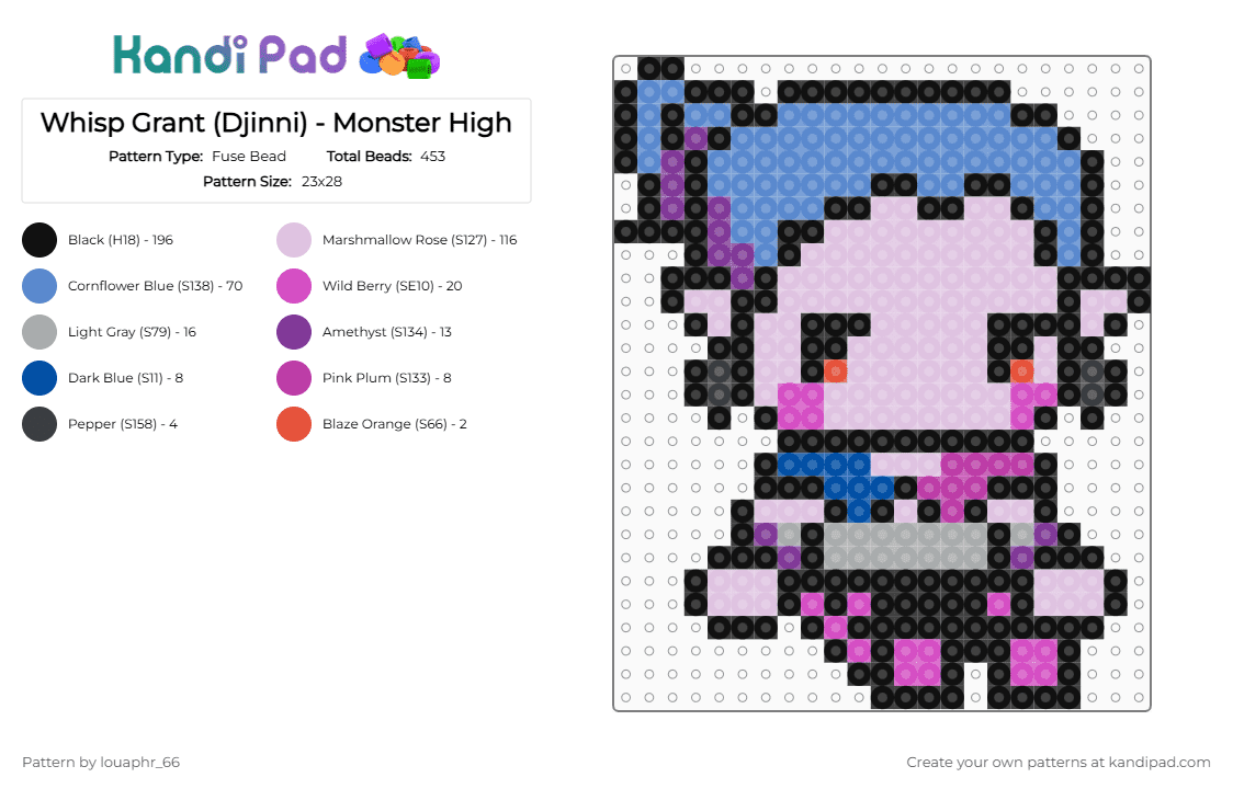 Whisp Grant (Djinni) - Monster High - Fuse Bead Pattern by louaphr_66 on Kandi Pad - blue,pink,perler,monster high,djinn,genie,shadow,whisp grant,djinni grant,whisp