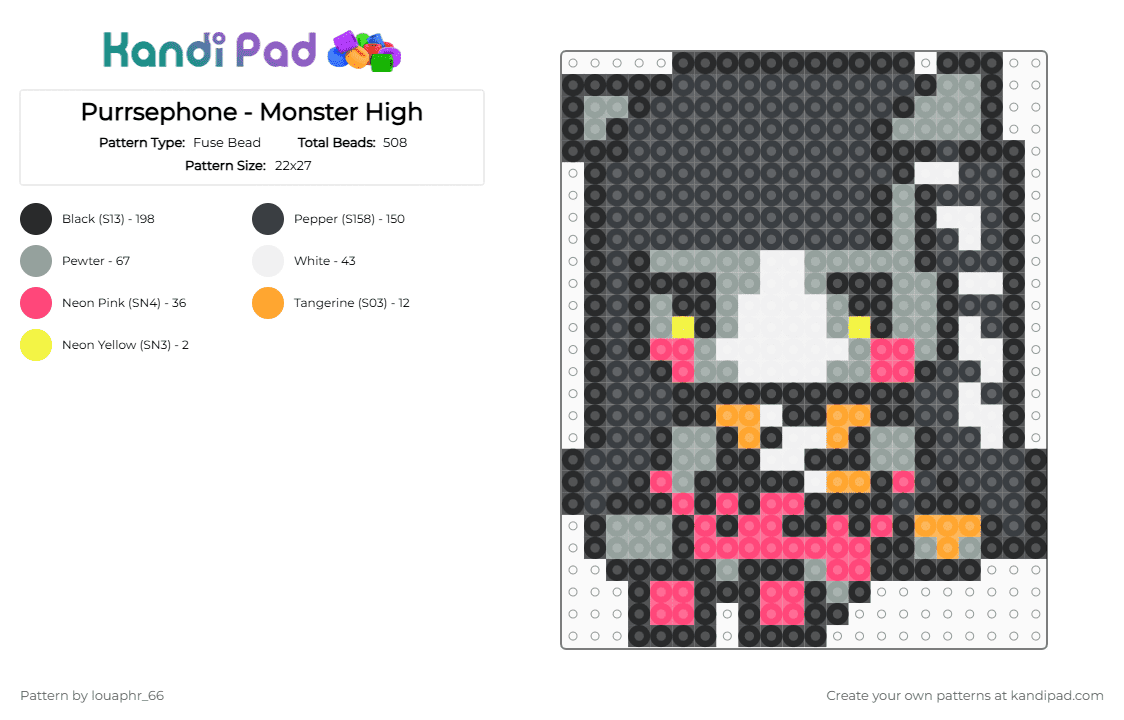 Purrsephone - Monster High - Fuse Bead Pattern by louaphr_66 on Kandi Pad - black,gray,red,perler,monster high,purrsephone,werecat