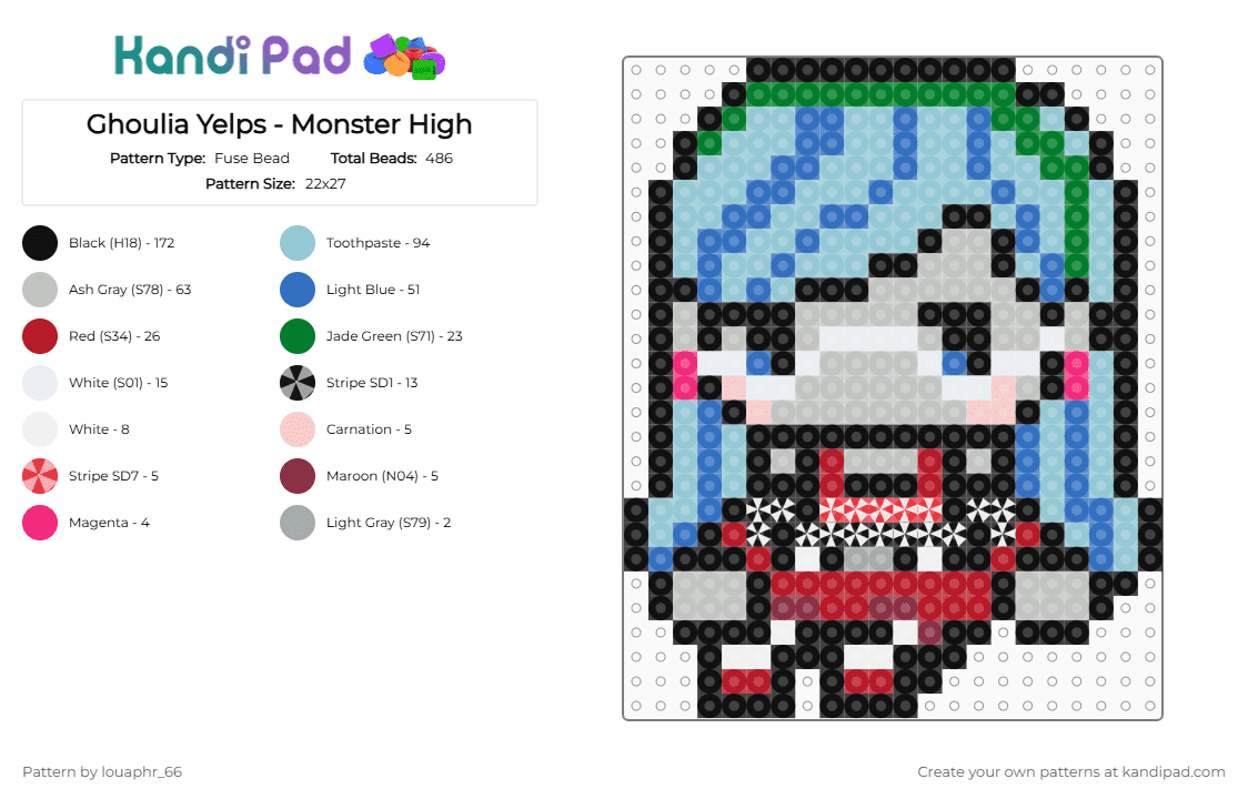 Ghoulia Yelps - Monster High - Fuse Bead Pattern by louaphr_66 on Kandi Pad - light blue,blue,beige,monster high,ghoulia yelps,ghoulia,zombie,perler