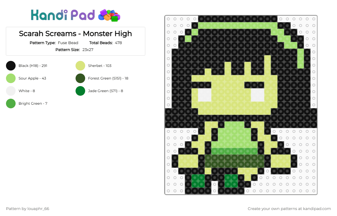 Scarah Screams - Monster High - Fuse Bead Pattern by louaphr_66 on Kandi Pad - black,green,yellow,perler,monster high,banshee,scarah screams,scarah
