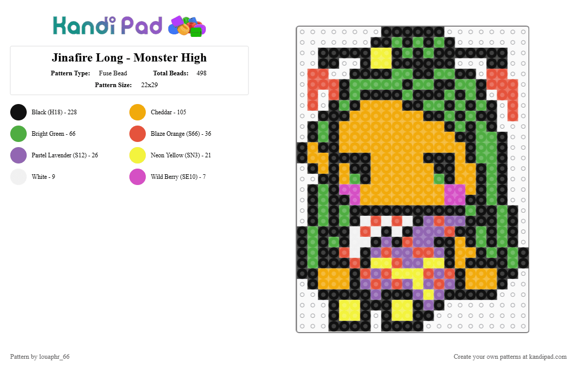 Jinafire Long - Monster High - Fuse Bead Pattern by louaphr_66 on Kandi Pad - black,green,orange,perler,monster high,jinafire long,jinafire,dragon
