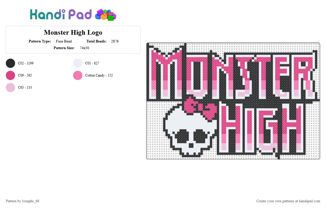 Monster High Logo - Fuse Bead Pattern by louaphr_66 on Kandi Pad - white,pink,perler,monster high logo,logo,ghouls