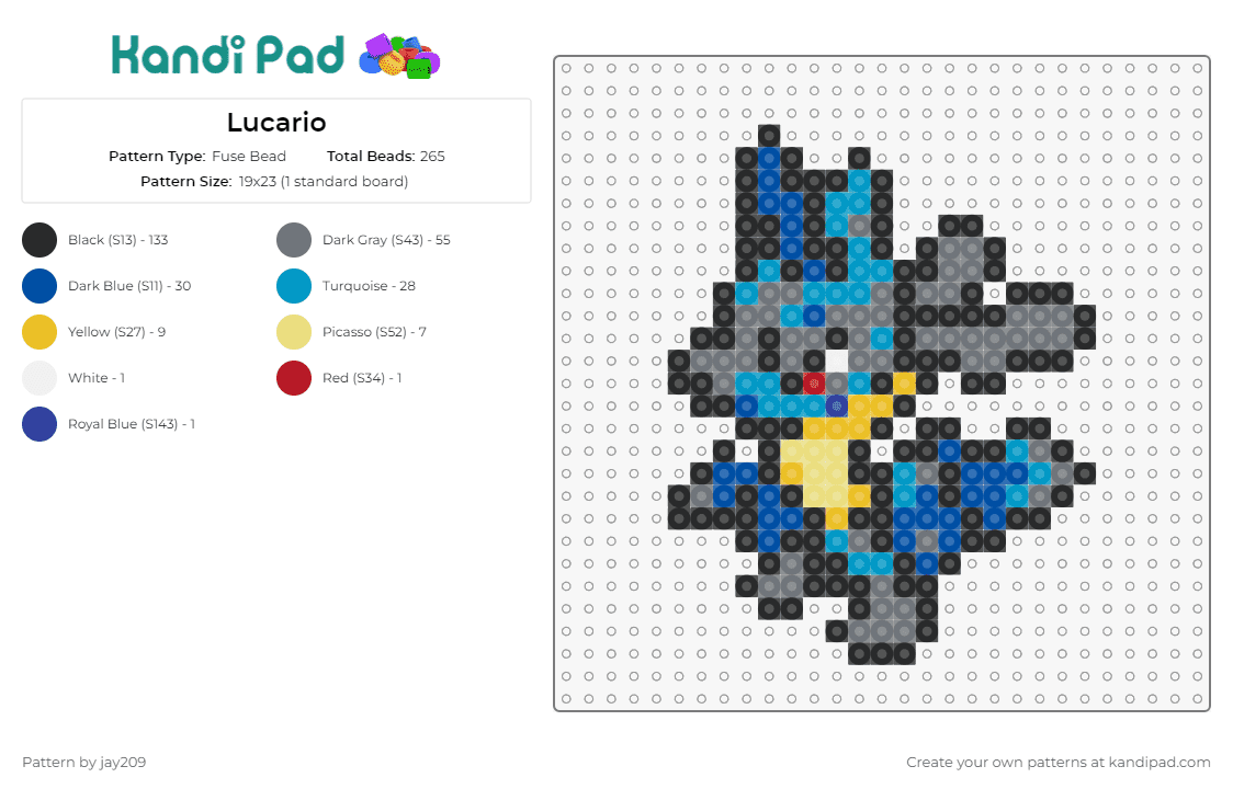 Lucario - Fuse Bead Pattern by jay209 on Kandi Pad - lucario,pokemon,nintendo,fighting,creature,game,blue