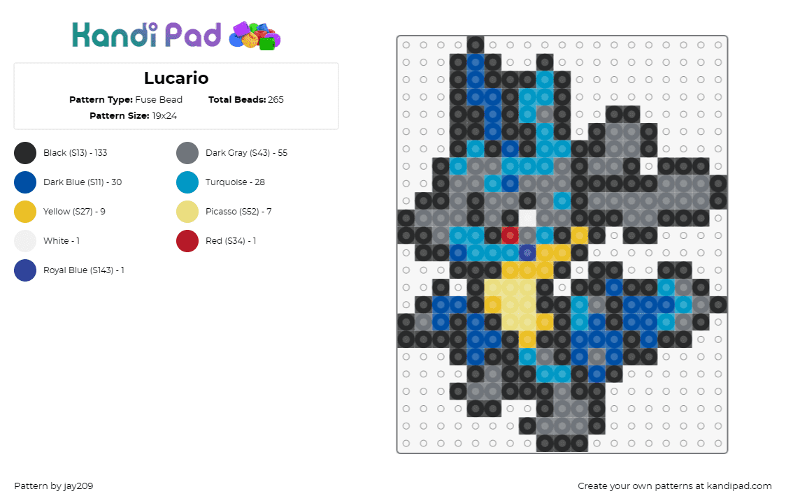 Lucario - Fuse Bead Pattern by jay209 on Kandi Pad - lucario,pokemon,nintendo,fighting,creature,game,blue