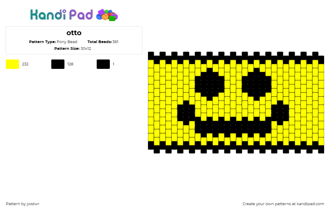 otto - Pony Bead Pattern by jwstwr on Kandi Pad - evil otto,smiley,berzerk,video game,berserk,character,face,cuff,yellow,black