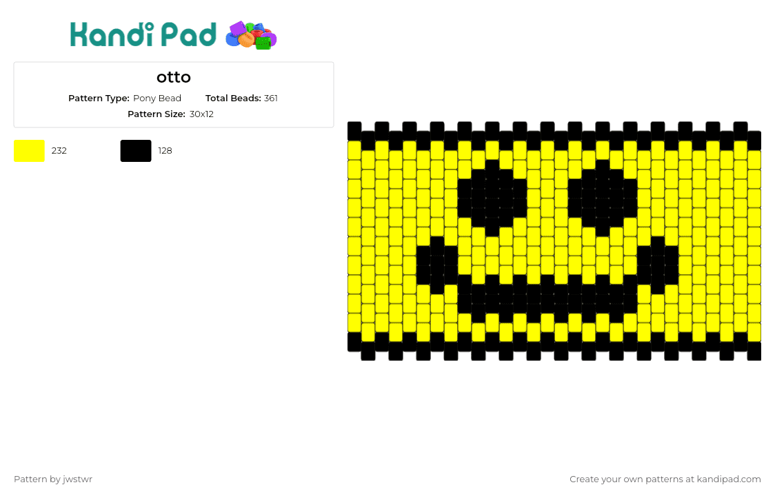 otto - Pony Bead Pattern by jwstwr on Kandi Pad - evil otto,smiley,berzerk,video game,berserk,character,face,cuff,yellow,black