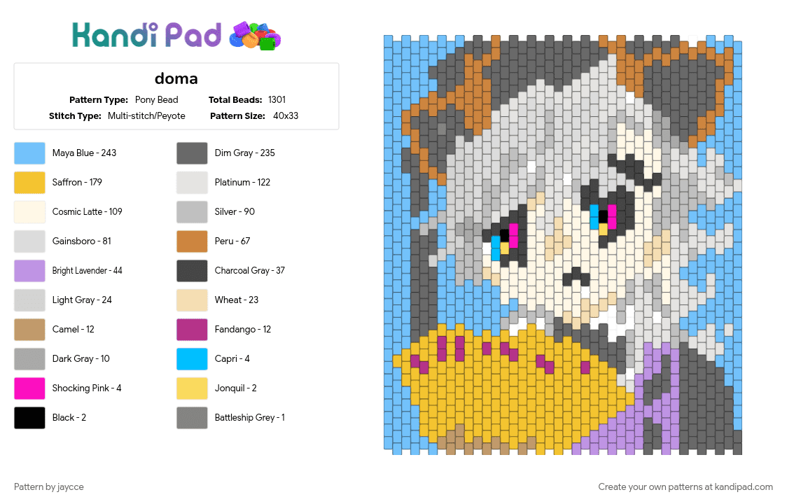 doma - Pony Bead Pattern by jaycce on Kandi Pad - beige, gray, light blue, yellow