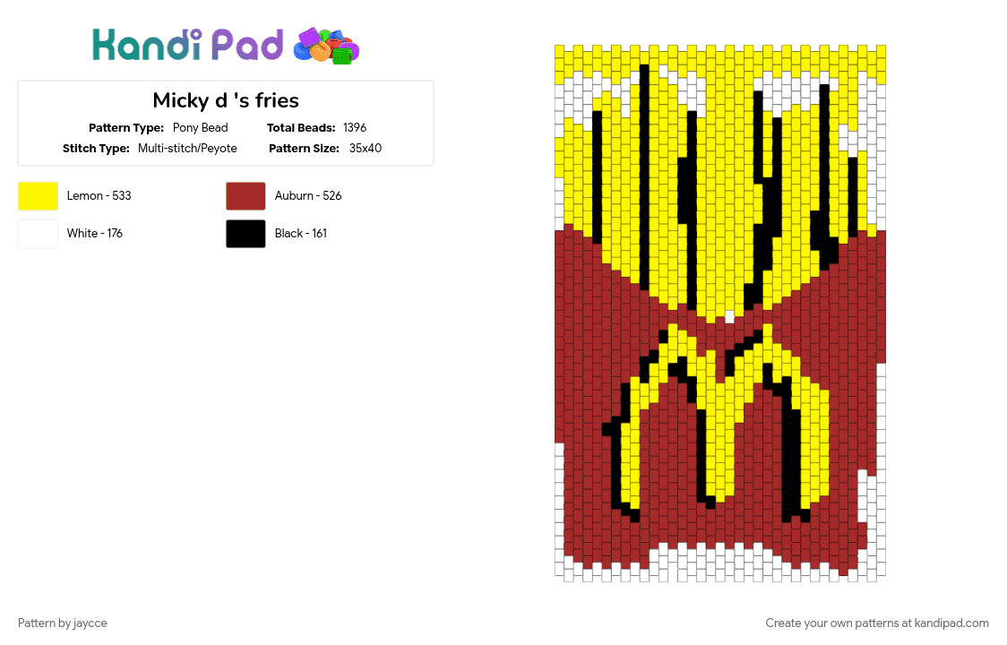 Micky d \'s fries - Pony Bead Pattern by jaycce on Kandi Pad - cotdretrodiner, red, yellow