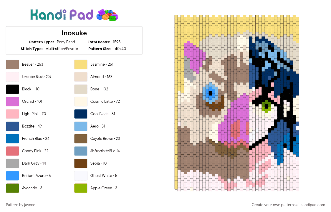 Inosuke - Pony Bead Pattern by jaycce on Kandi Pad - beige, blue, colorful, tan