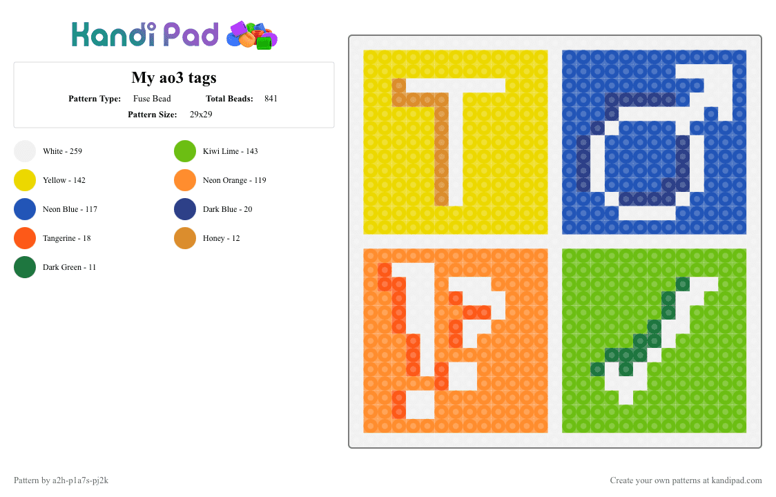 My ao3 tags - Fuse Bead Pattern by a2h-p1a7s-pj2k on Kandi Pad - yellow,orange,blue,green,ao3,fanfic,pearler,fun,craft