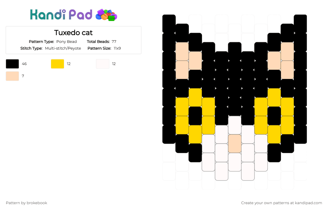 Tuxedo cat - Pony Bead Pattern by brokebook on Kandi Pad - black,beige,yellow