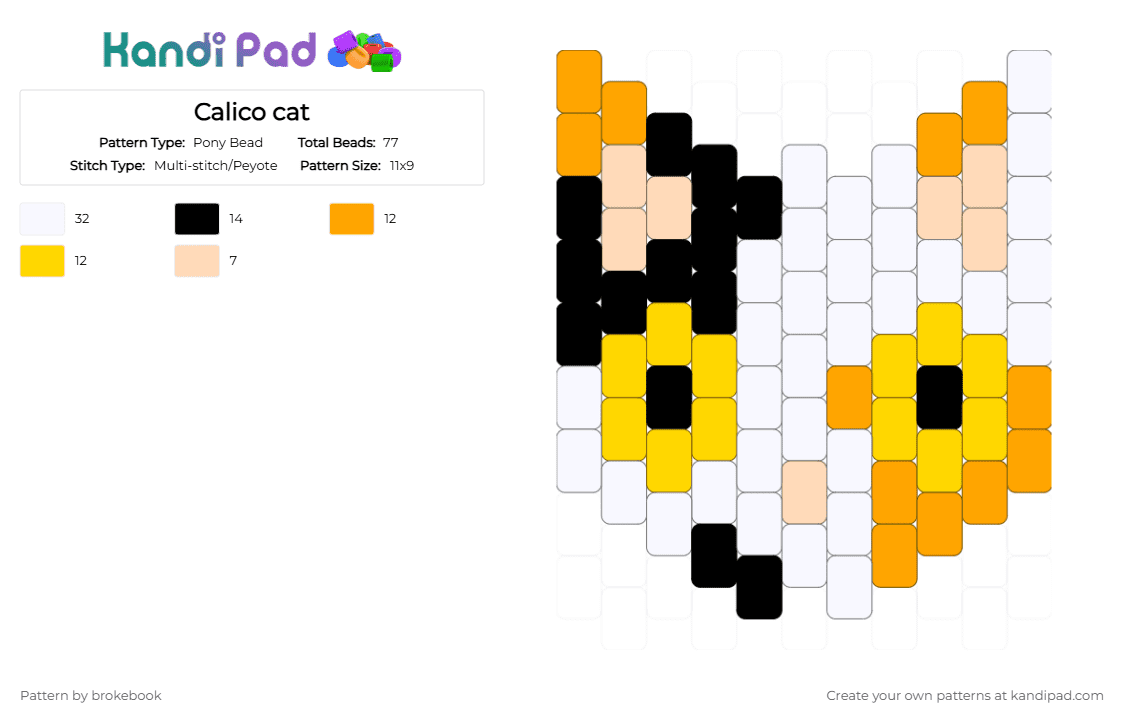 Calico cat - Pony Bead Pattern by brokebook on Kandi Pad - white,orange,yellow