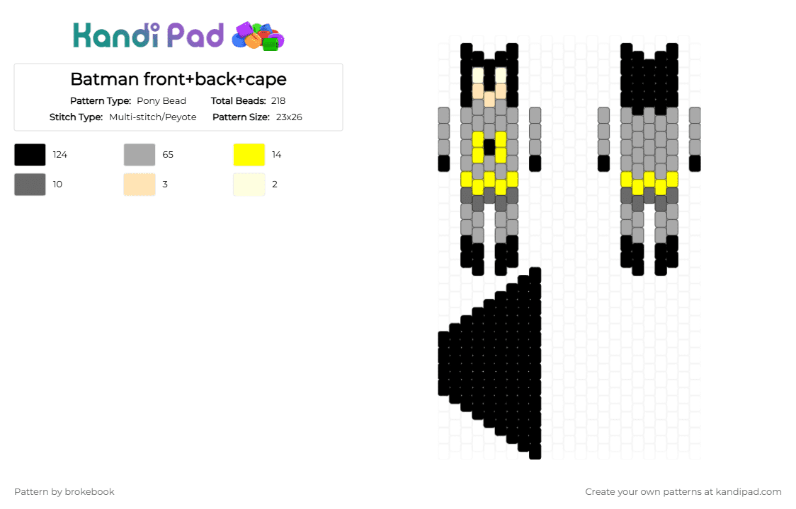 Batman front+back+cape - Pony Bead Pattern by brokebook on Kandi Pad - black,beige