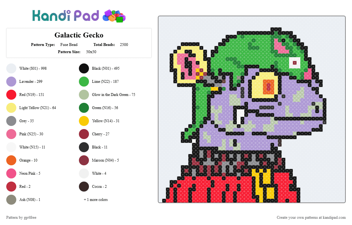 Galactic Gecko - Fuse Bead Pattern by gp4free on Kandi Pad - white,green,pink,red