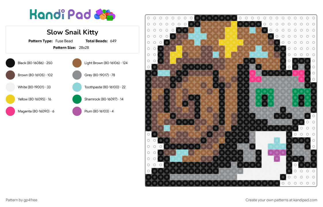 Slow Snail Kitty - Fuse Bead Pattern by gp4free on Kandi Pad - brown, gray, tan