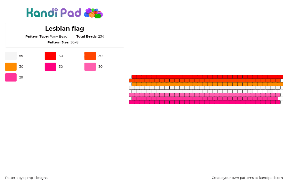 Lesbian flag - Pony Bead Pattern by qsmp_designs on Kandi Pad - lesbian,pride,flag,cuff,bright,vertical,stripes,pink,orange