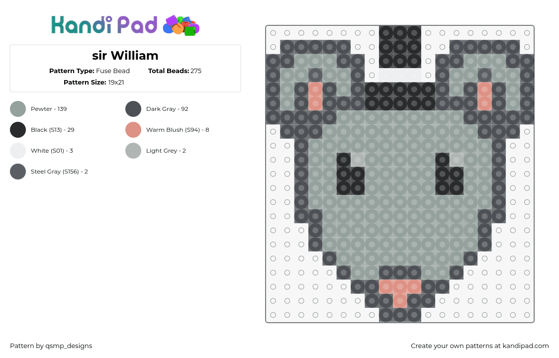 sir William - Fuse Bead Pattern by qsmp_designs on Kandi Pad - mouse,rat,head,top hat,gray