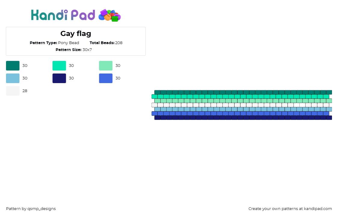 Gay flag - Pony Bead Pattern by qsmp_designs on Kandi Pad - gay,pride,flag,cuff,bright,vertical,stripes,blue,green,teal