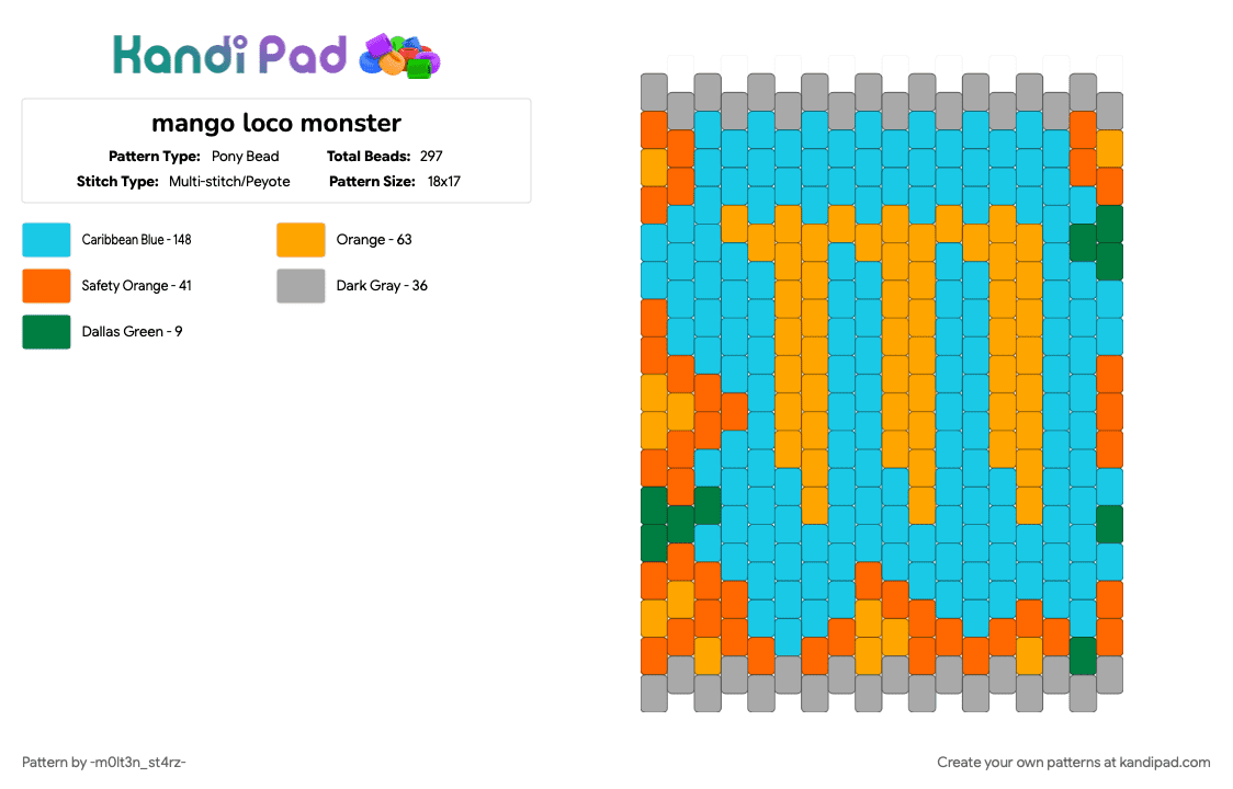 mango loco monster - Pony Bead Pattern by -m0lt3n_st4rz- on Kandi Pad - energy, light blue, monster, orange, vibrant
