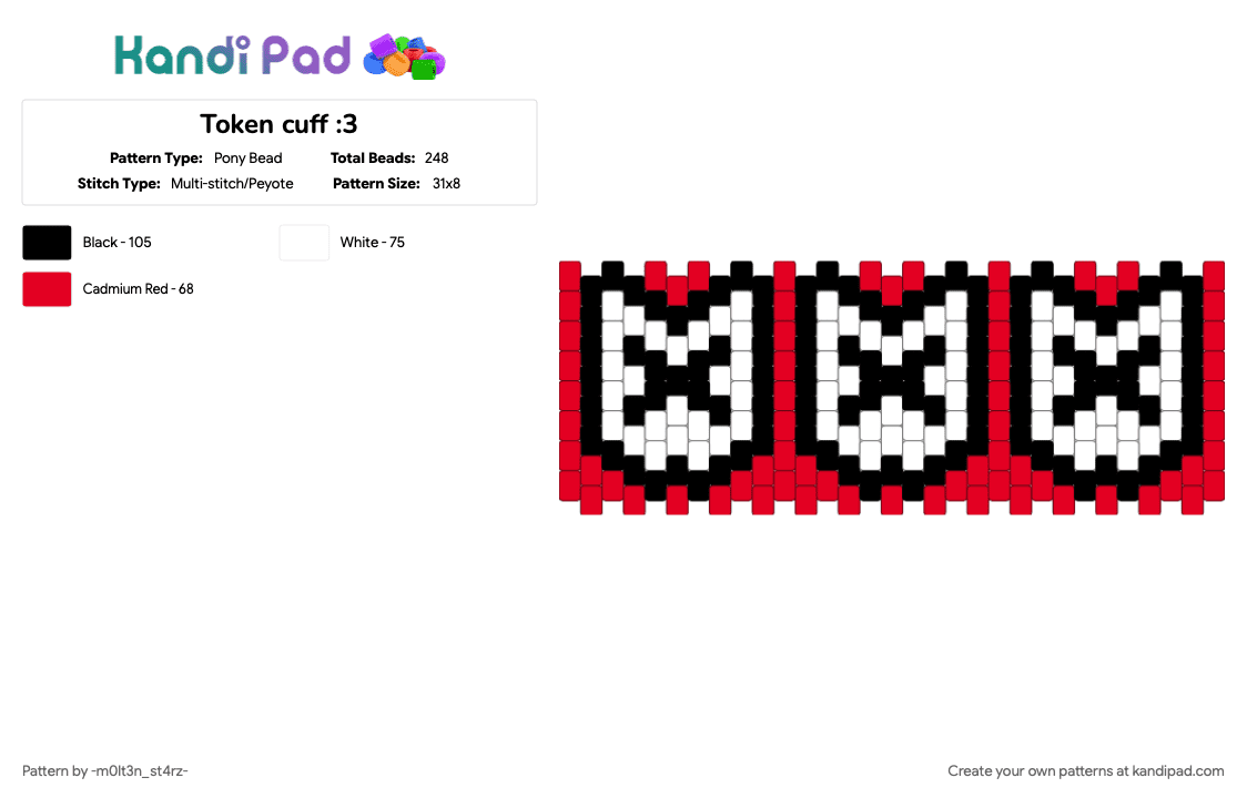 Token cuff :3 - Pony Bead Pattern by -m0lt3n_st4rz- on Kandi Pad - femtanyl, music, red, token, white
