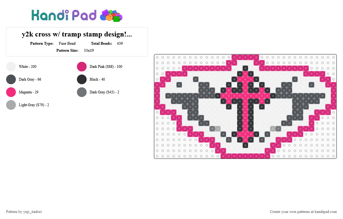 y2k cross w/ tramp stamp design!!!!X3 - Fuse Bead Pattern by 3ll4_lov3s_yuj1 on Kandi Pad - pink,gray,cotdy2k