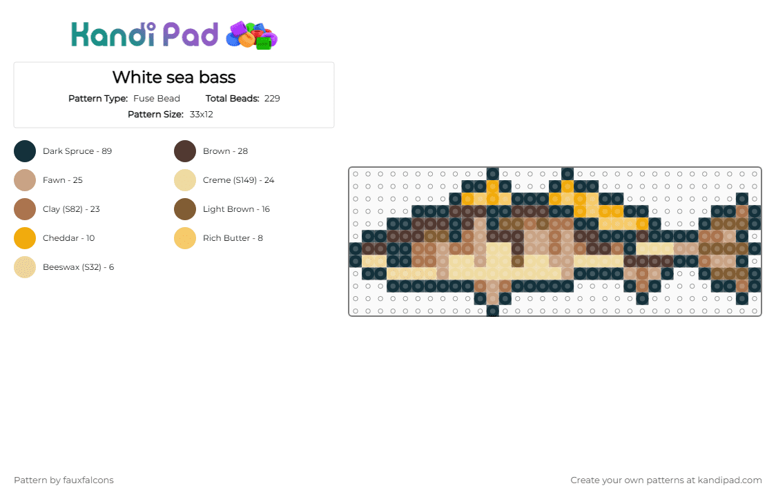 White sea bass - Fuse Bead Pattern by fauxfalcons on Kandi Pad - brown,tan,beige,fish,bass,seabass