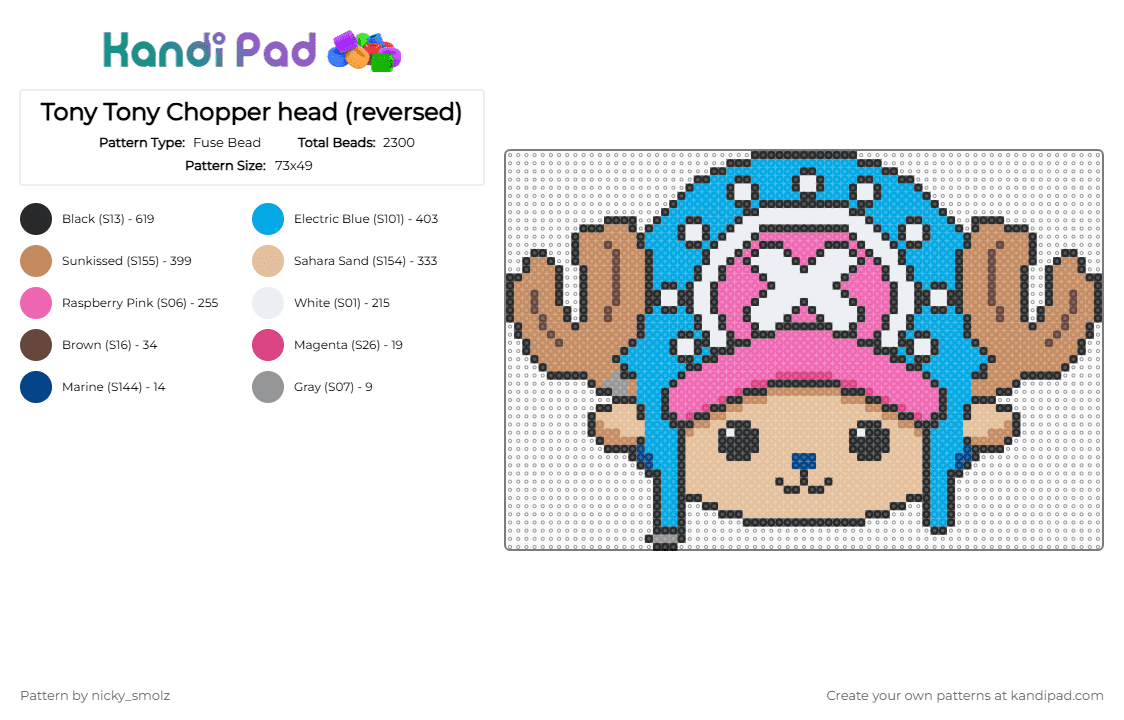 Tony Tony Chopper head (reversed) - Fuse Bead Pattern by nicky_smolz on Kandi Pad - light blue,tan,pink,beige,chopper,one piece,tony tony