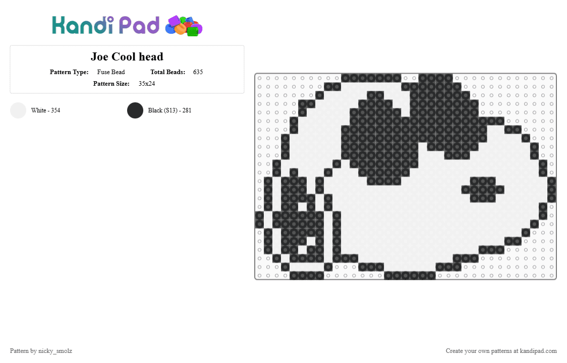 Joe Cool head - Fuse Bead Pattern by nicky_smolz on Kandi Pad - black,white,snoopy,joe cool