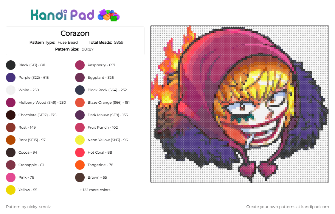 Corazon - Fuse Bead Pattern by nicky_smolz on Kandi Pad - anime, brown, colorful, corazon, heart pirates, one piece, purple, red