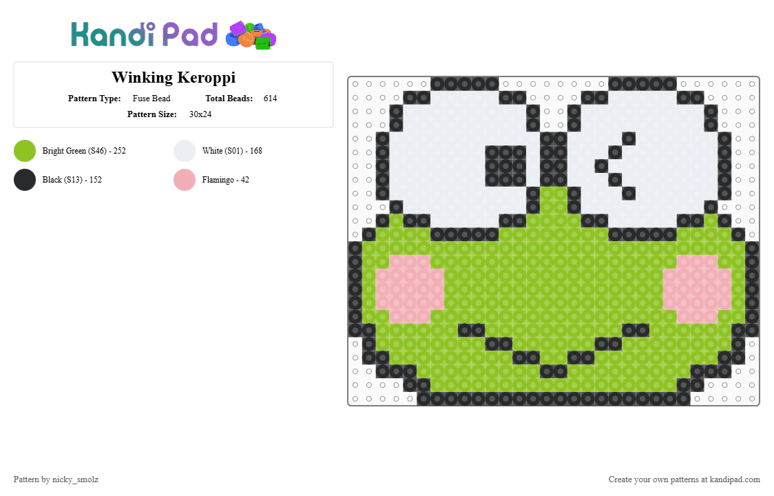 Winking Keroppi - Fuse Bead Pattern by nicky_smolz on Kandi Pad - green,keroppi,sanrio,frog