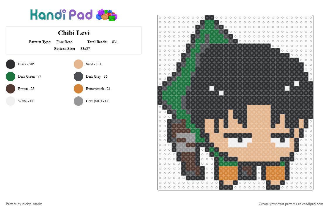 Chibi Levi - Fuse Bead Pattern by nicky_smolz on Kandi Pad - black,green,beige