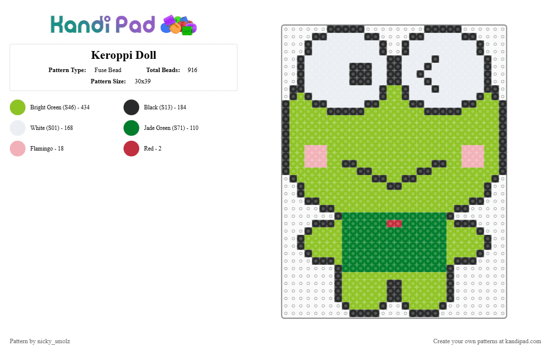 Keroppi Doll - Fuse Bead Pattern by nicky_smolz on Kandi Pad - green,keroppi
