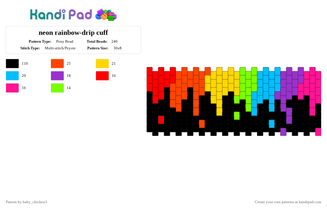 neon rainbow-drip cuff - Pony Bead Pattern by baby_chicken3 on Kandi Pad - black,red,yellow,light blue,neon,rainbow,drip