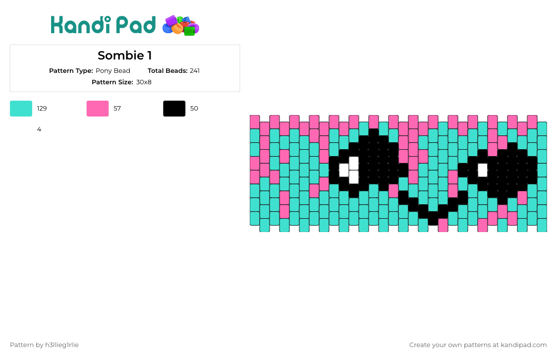 Sombie 1 - Pony Bead Pattern by h3llieg1rlie on Kandi Pad - zombie,undead,happy,horror,halloween,cute,smile,cuff,teal,pink,black