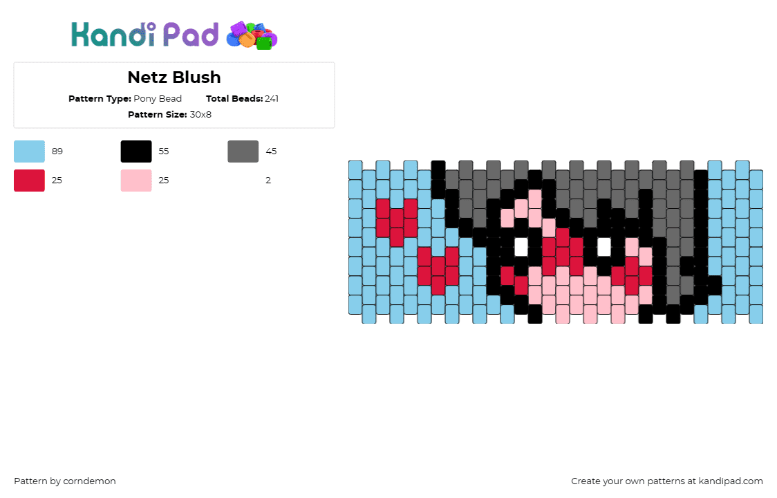 Netz Blush - Pony Bead Pattern by corndemon on Kandi Pad - netz,blush,character,hearts,love,anime,cuff,blue,pink,gray