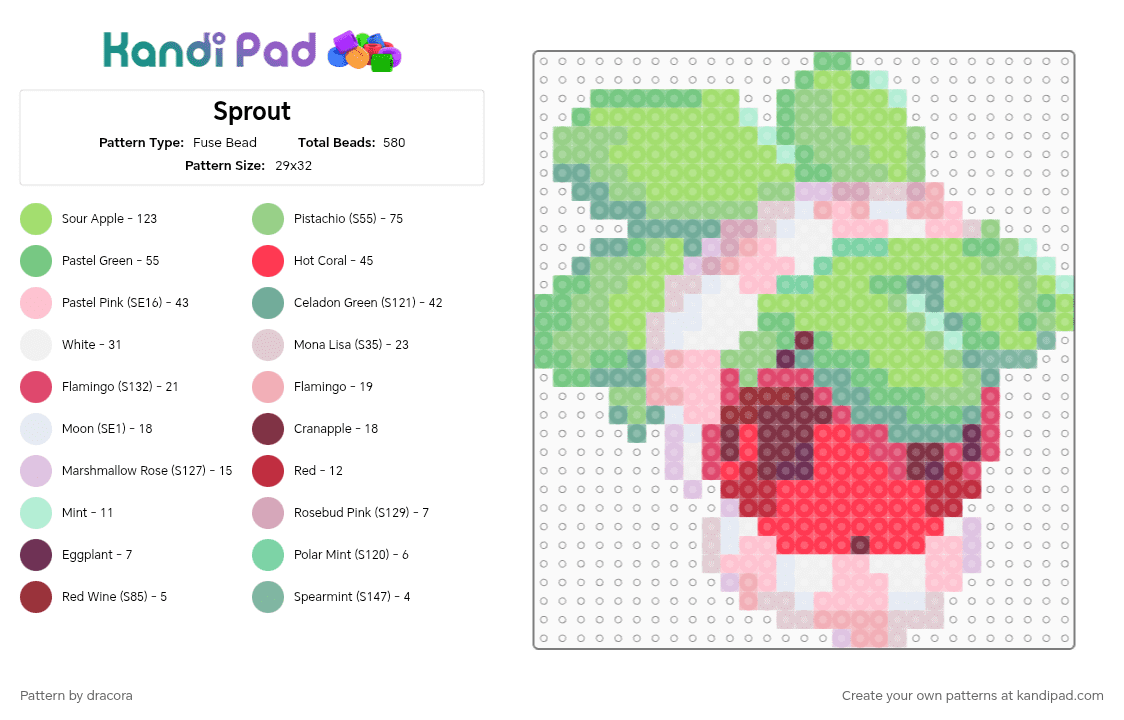 Sprout - Fuse Bead Pattern by dracora on Kandi Pad - teal,green,pink,red,sprout,dandys world,sproutdandysworld,dandysworld