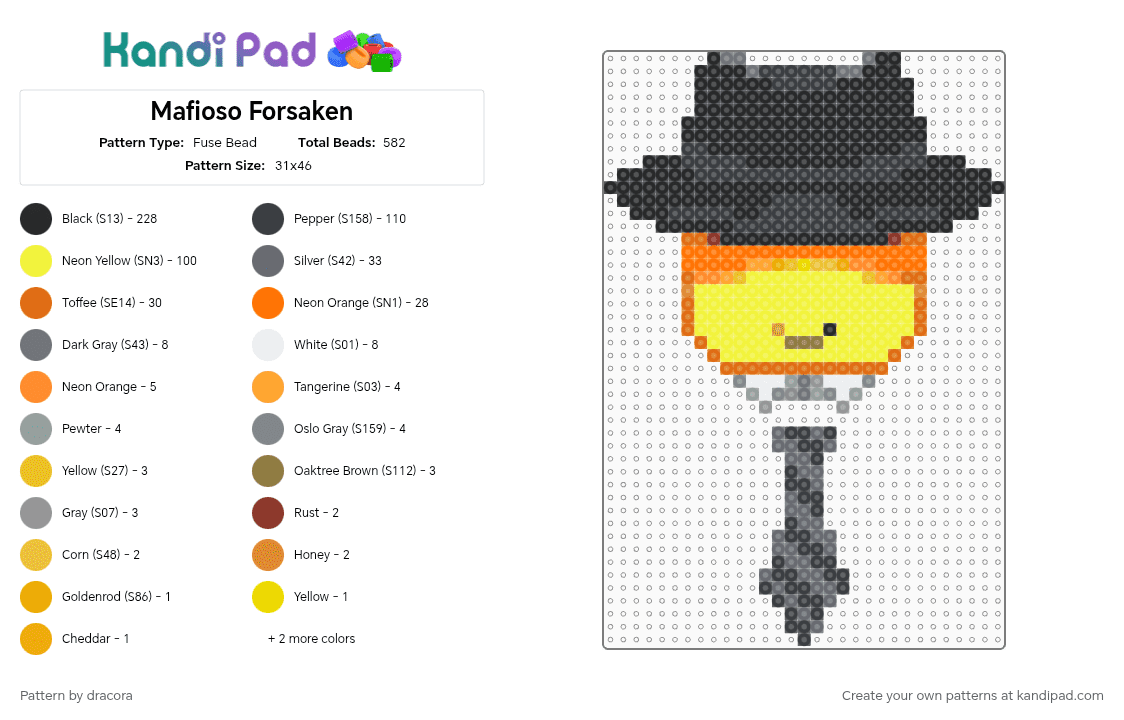 Mafioso Forsaken - Fuse Bead Pattern by dracora on Kandi Pad - black,gray,orange,yellow,forsaken,mafioso,mafioso forsaken
