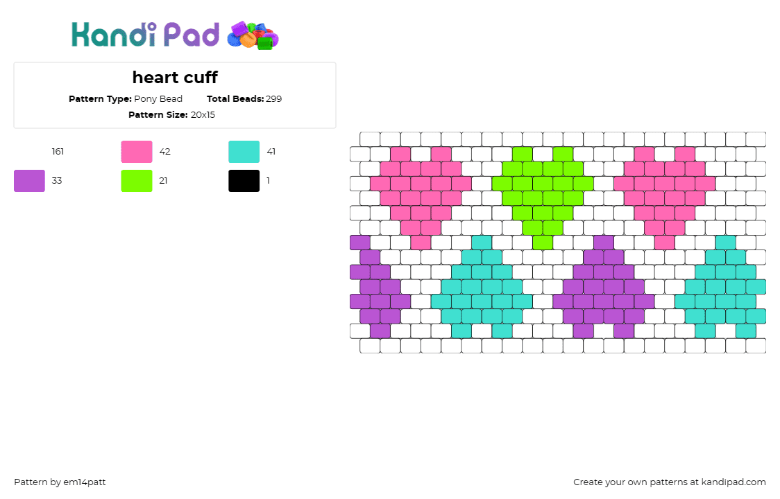 heart cuff - Pony Bead Pattern by em14patt on Kandi Pad - hearts,neon,pastel,love,repeating,colorful,cuff,pink,green,purple