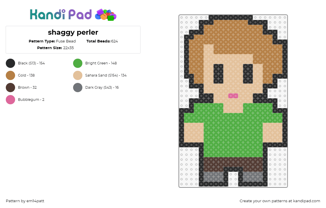 shaggy perler - Fuse Bead Pattern by em14patt on Kandi Pad - shaggy,scooby doo,mystery,cartoon,character,zoinks,tv show,nostalgia,green,tan