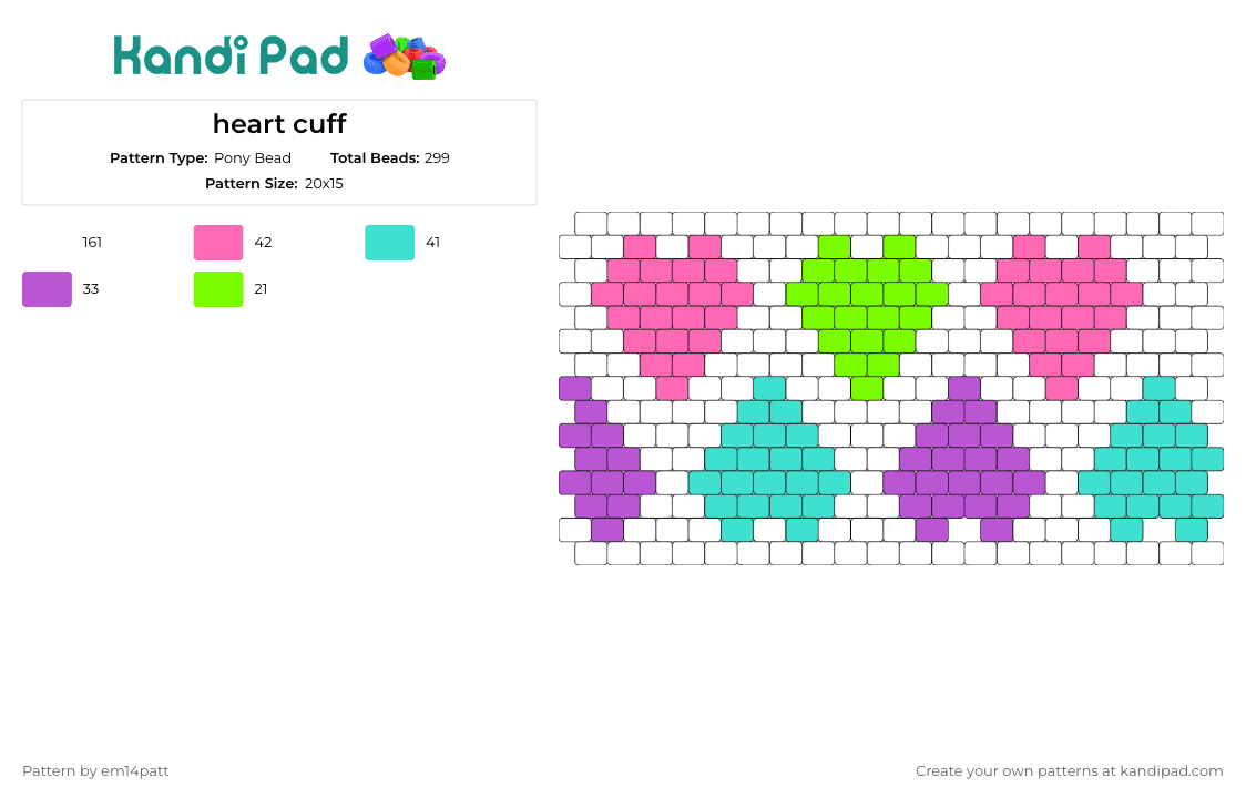 heart cuff - Pony Bead Pattern by em14patt on Kandi Pad - hearts,neon,pastel,love,repeating,colorful,cuff,pink,green,purple