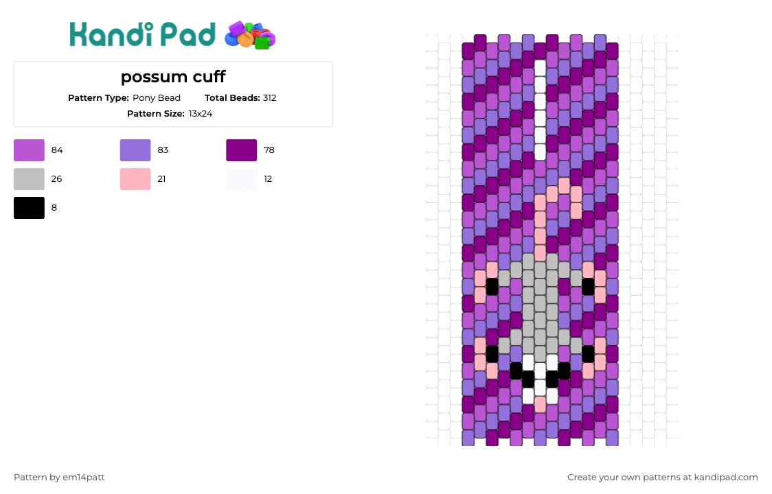 possum cuff - Pony Bead Pattern by em14patt on Kandi Pad - possum,opossum,marsupial,animal,cuff,purple,gray