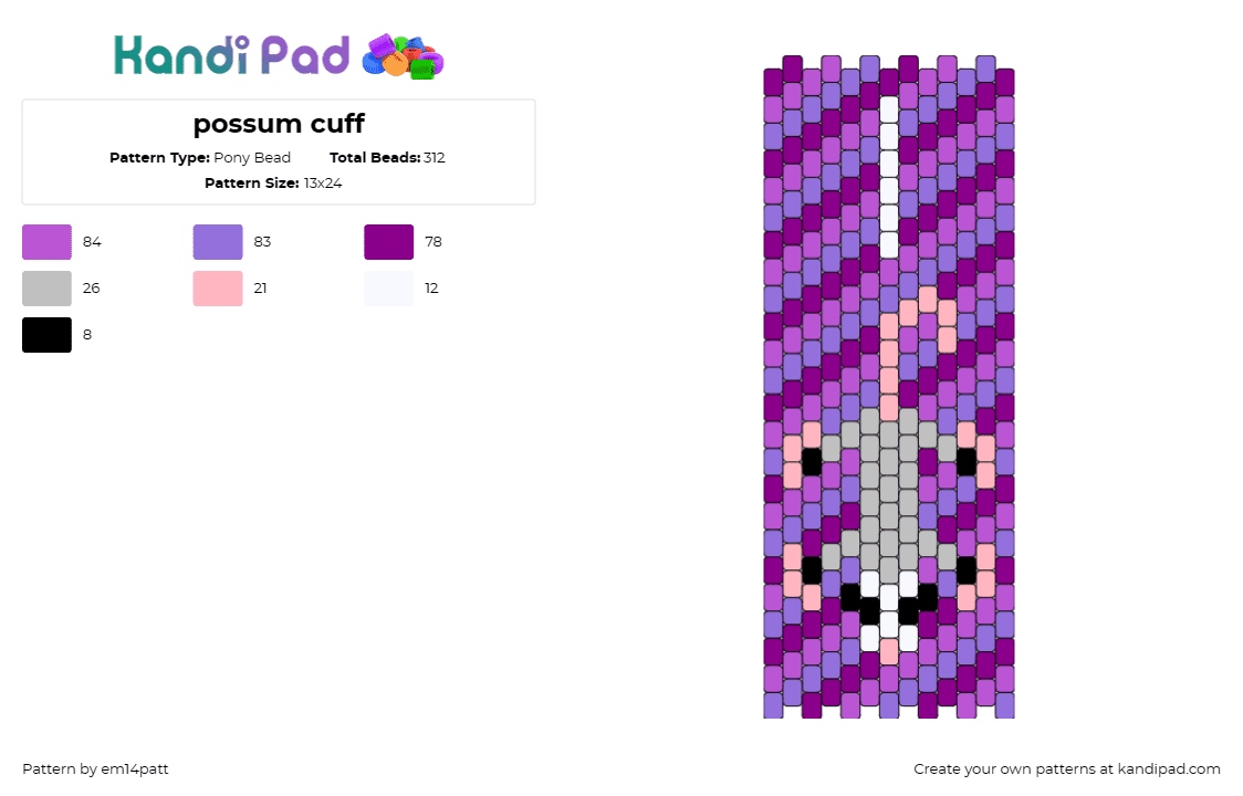 possum cuff - Pony Bead Pattern by em14patt on Kandi Pad - possum,opossum,marsupial,animal,cuff,purple,gray